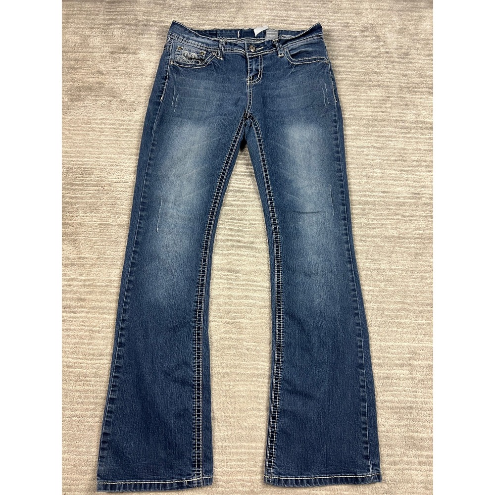 Soundgirl Jeans Womens 9 Blue Bootcut Y2K Low Rise Contrast Stitch Embroidered